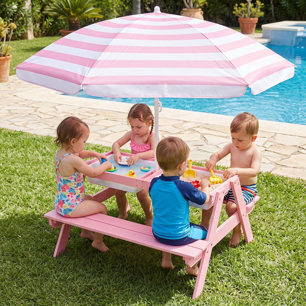 Kids 3-in-1 Outdoor Sand Water Table with Removable Umbrella and Storage Boxes - Pink