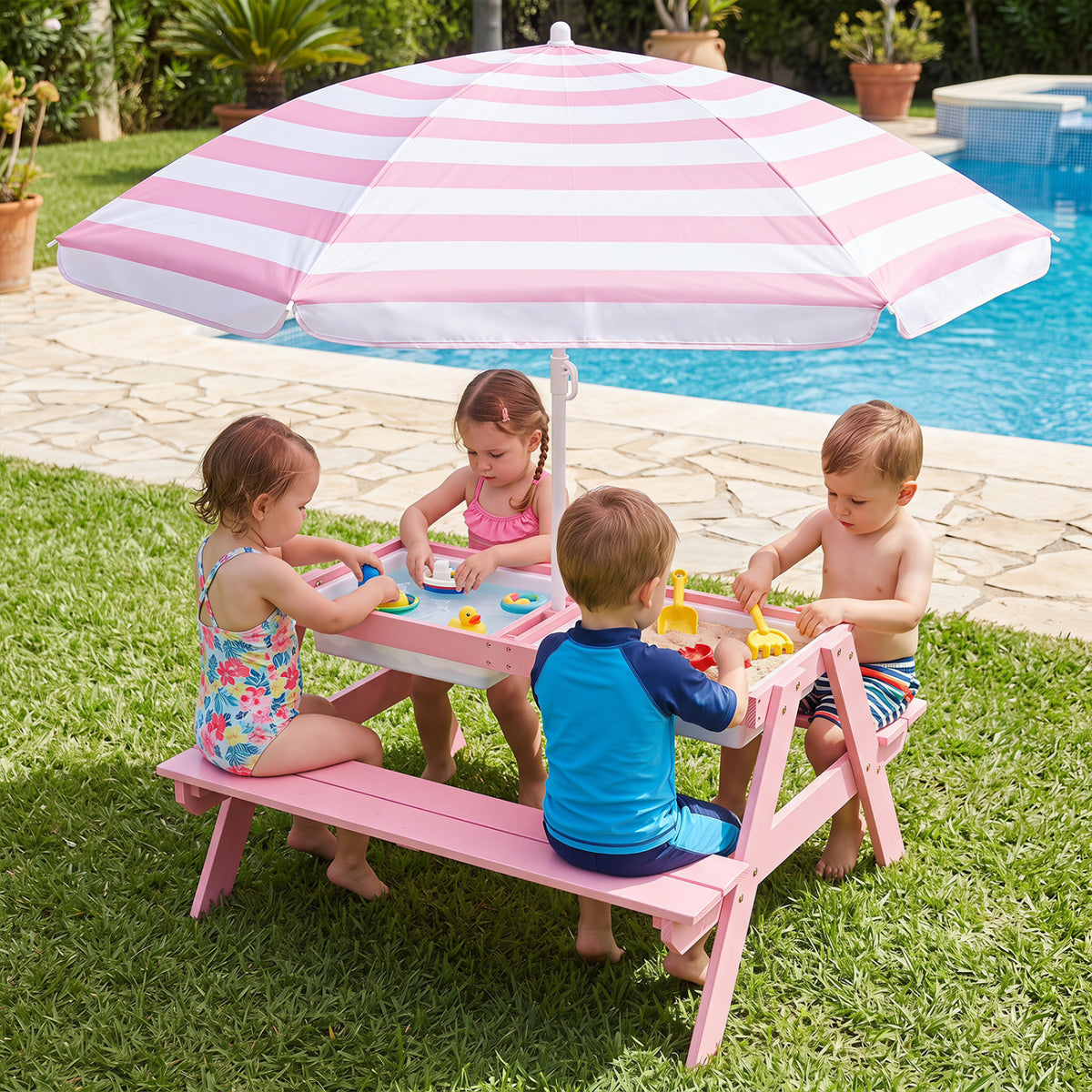 Kids 3-in-1 Outdoor Sand Water Table with Removable Umbrella and Storage Boxes - Pink