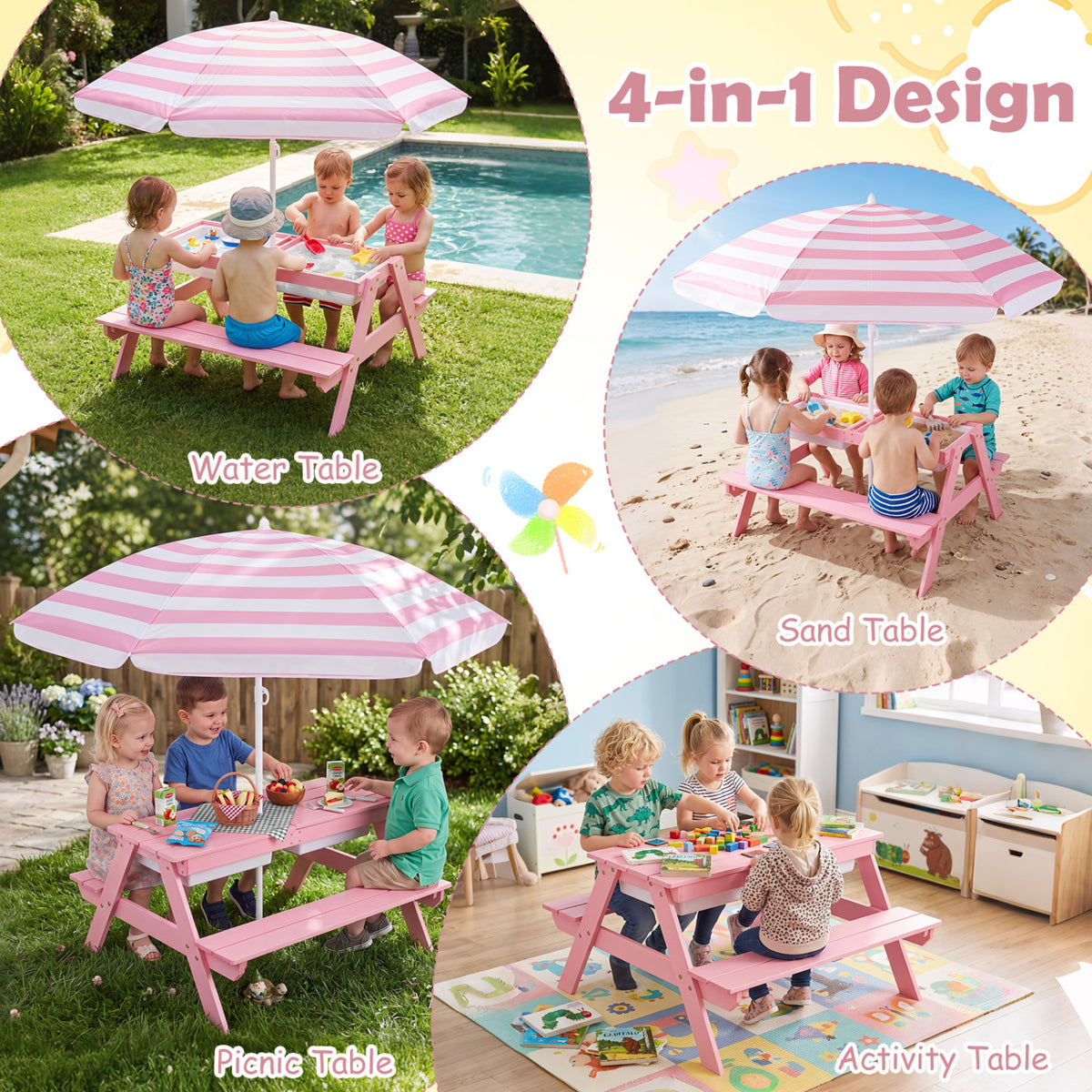Kids 3-in-1 Outdoor Sand Water Table with Removable Umbrella and Storage Boxes - Pink