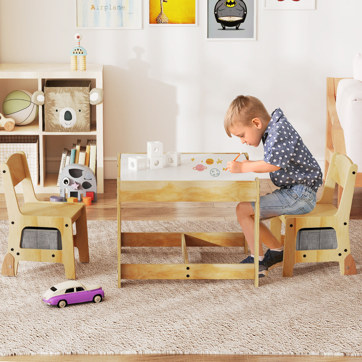 Kids 3-in-1 Table and Chair Set with Storage, Removable Tabletop - Whiteboard & Blackboard, Gray Variation