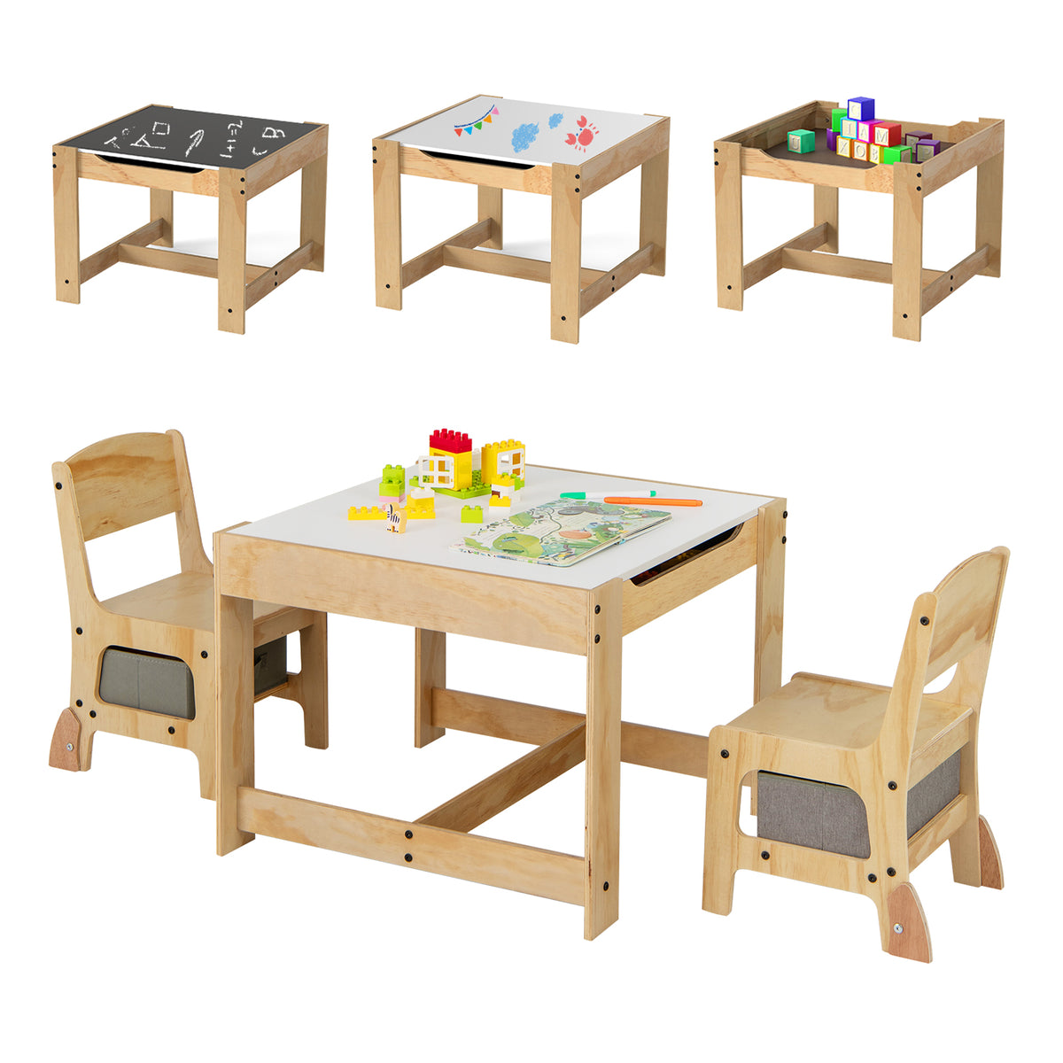 Kids 3-in-1 Table and Chair Set with Storage, Removable Tabletop - Whiteboard & Blackboard, Gray Variation
