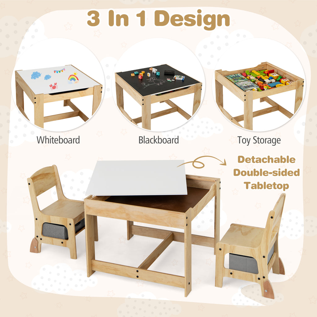 Kids 3-in-1 Table and Chair Set with Storage, Removable Tabletop - Whiteboard & Blackboard, Gray Variation