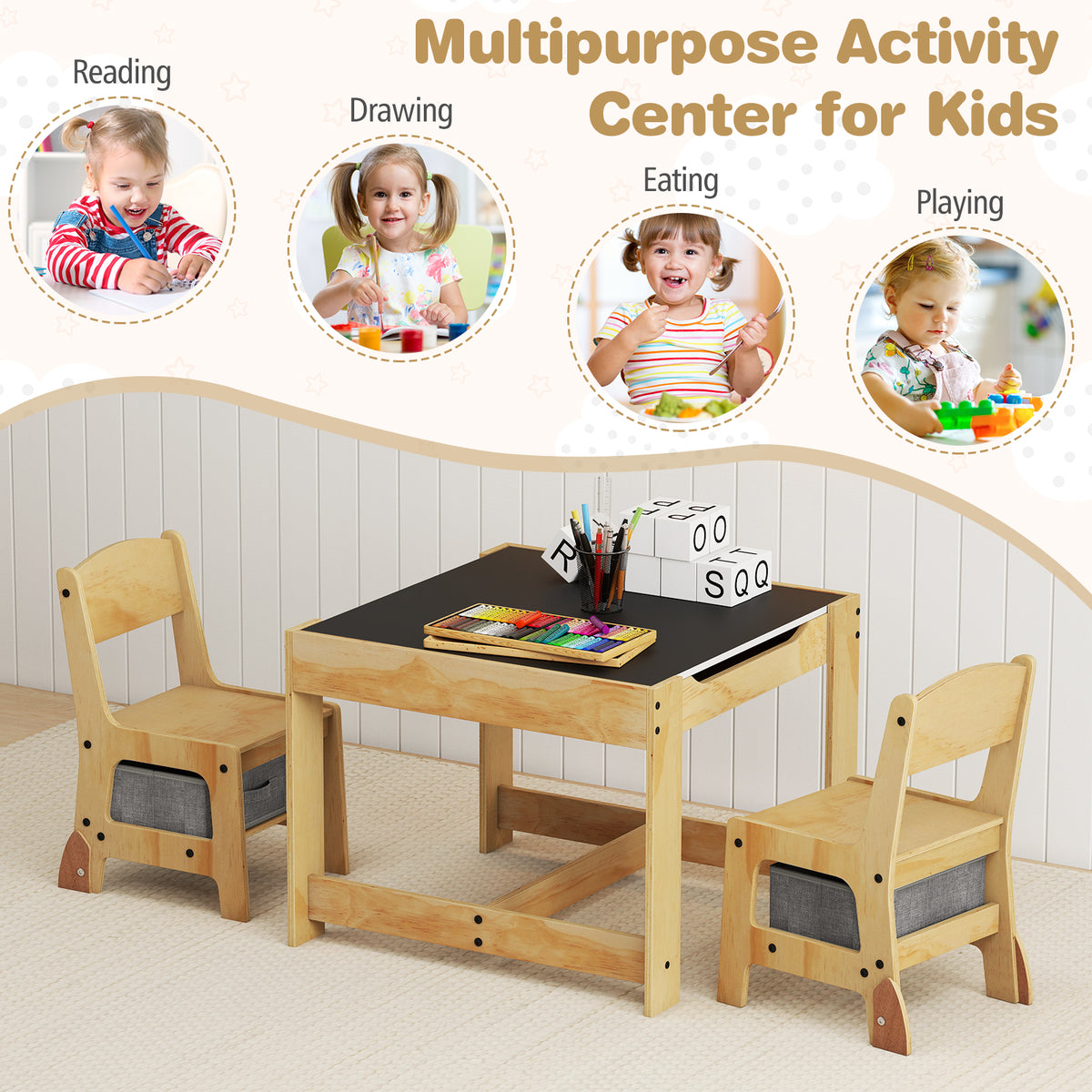 Kids 3-in-1 Table and Chair Set with Storage, Removable Tabletop - Whiteboard & Blackboard, Gray Variation