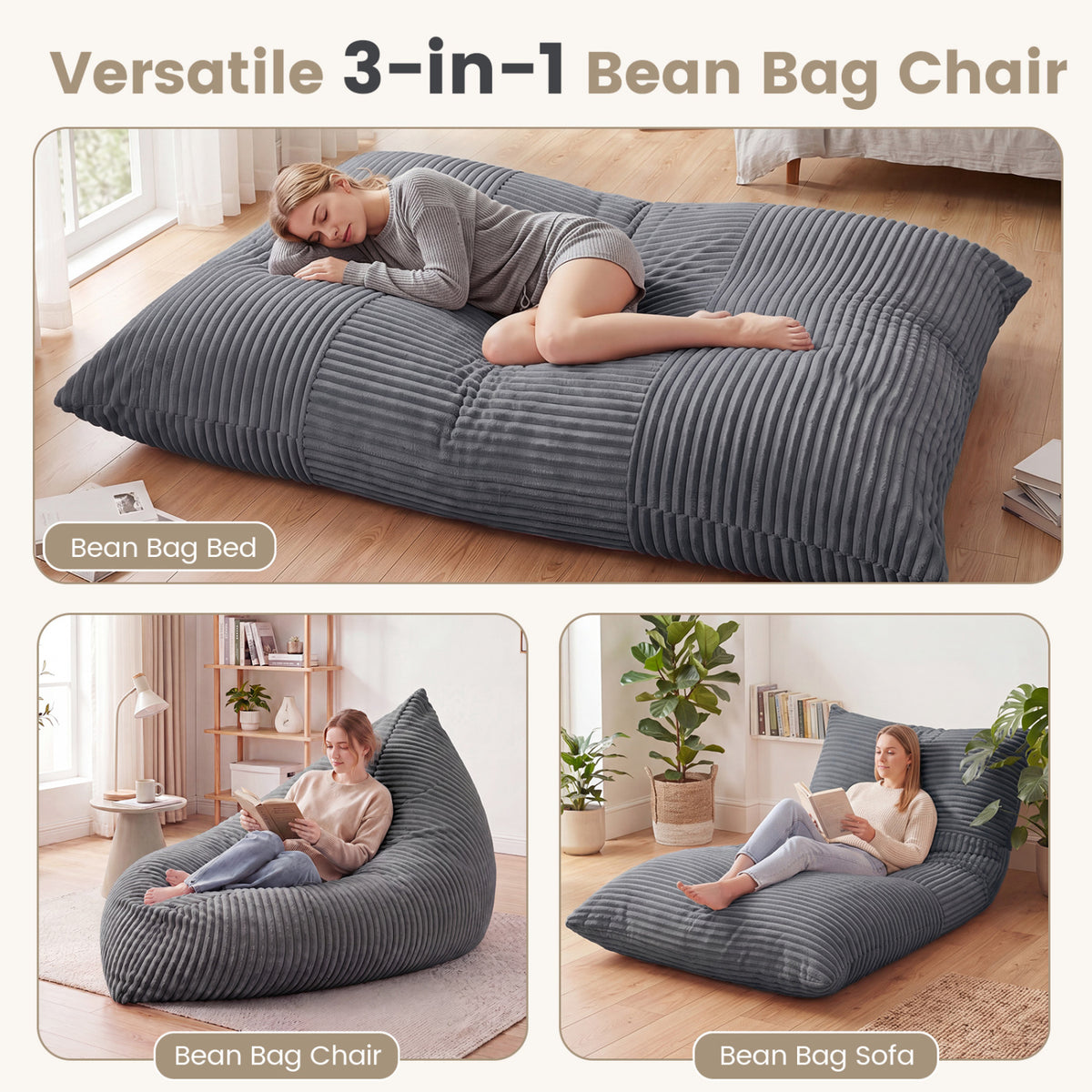 3-in-1 Bean Bag Chair Lounger with Corduroy Fabric - 73 Inch Gray