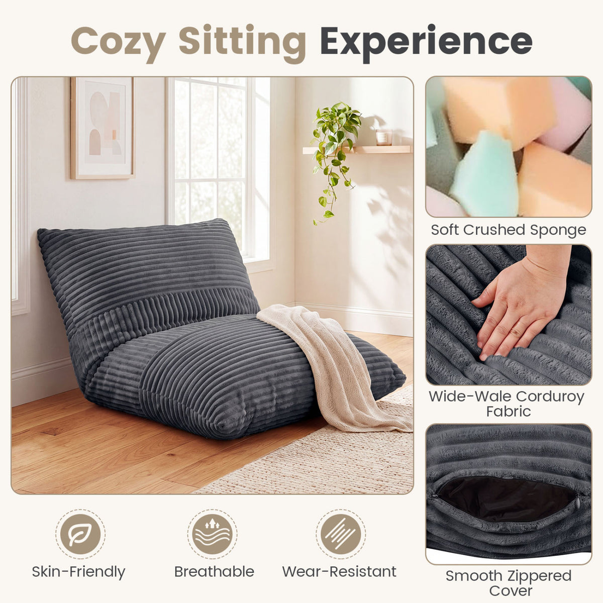3-in-1 Bean Bag Chair Lounger with Corduroy Fabric - 73 Inch Gray
