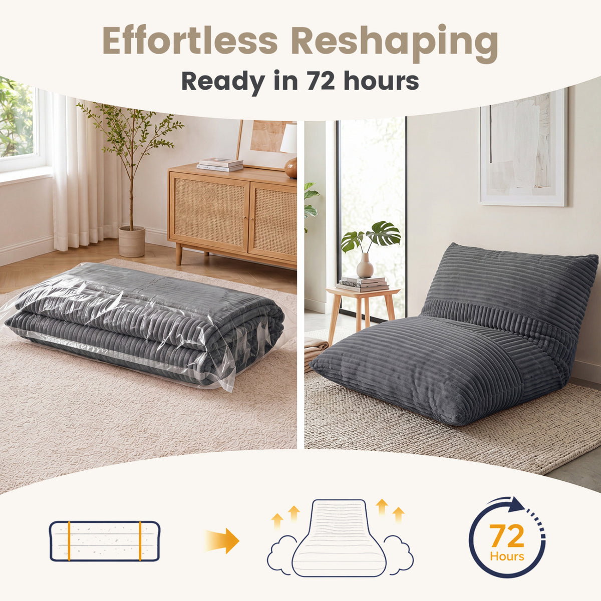 3-in-1 Bean Bag Chair Lounger with Corduroy Fabric - 73 Inch Gray