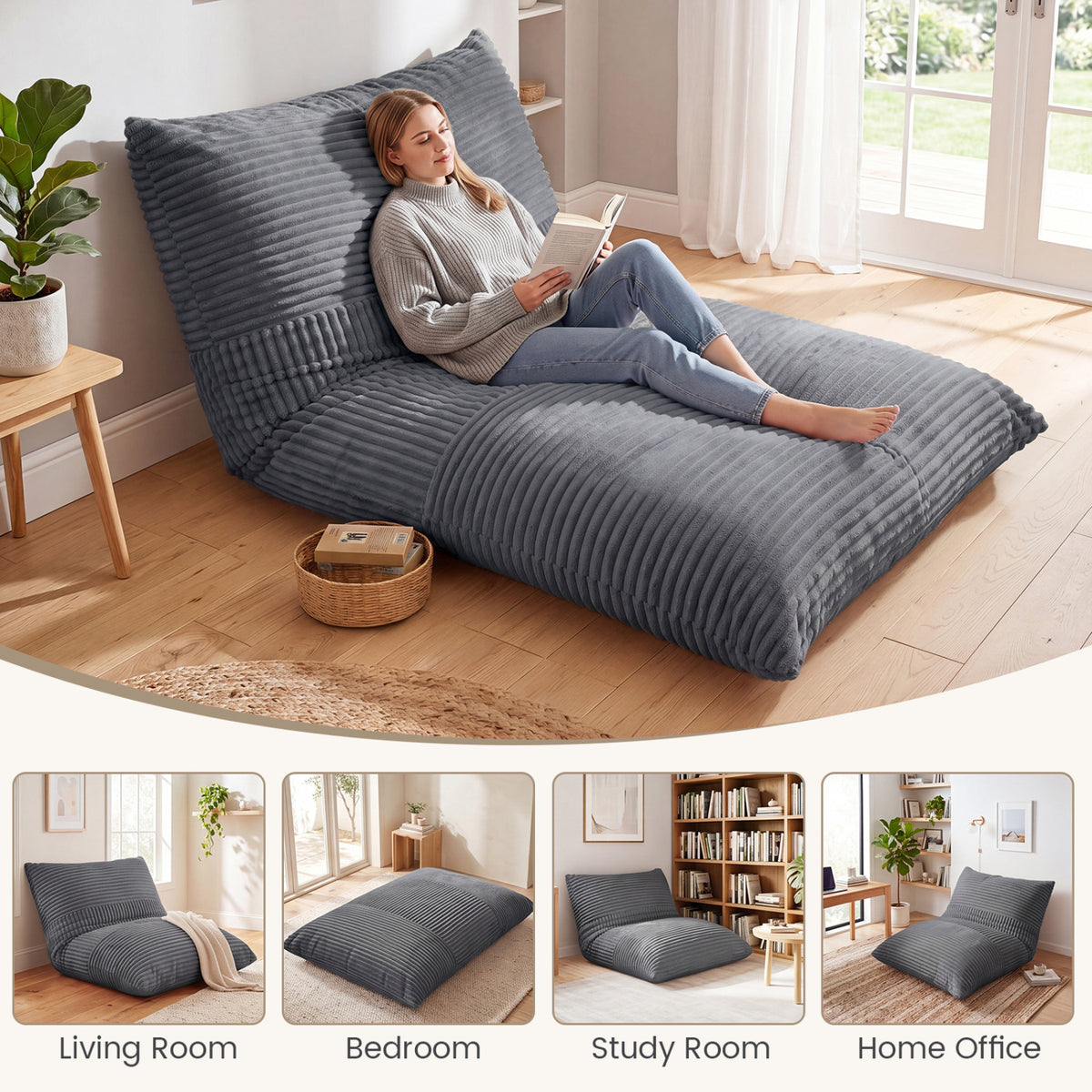 3-in-1 Bean Bag Chair Lounger with Corduroy Fabric - 73 Inch Gray