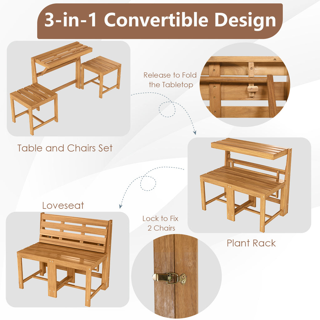3-in-1 Acacia Wood Loveseat Bench - Convertible Outdoor Furniture