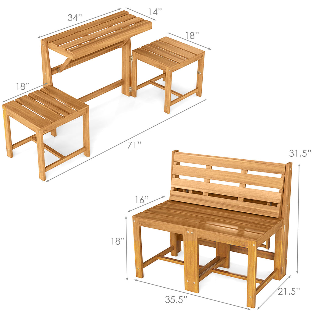 3-in-1 Acacia Wood Loveseat Bench - Convertible Outdoor Furniture