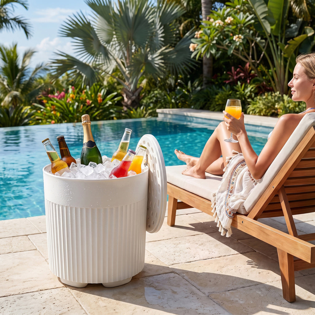 3-in-1 Outdoor Cooler Side Table with Fluted Design for Deck