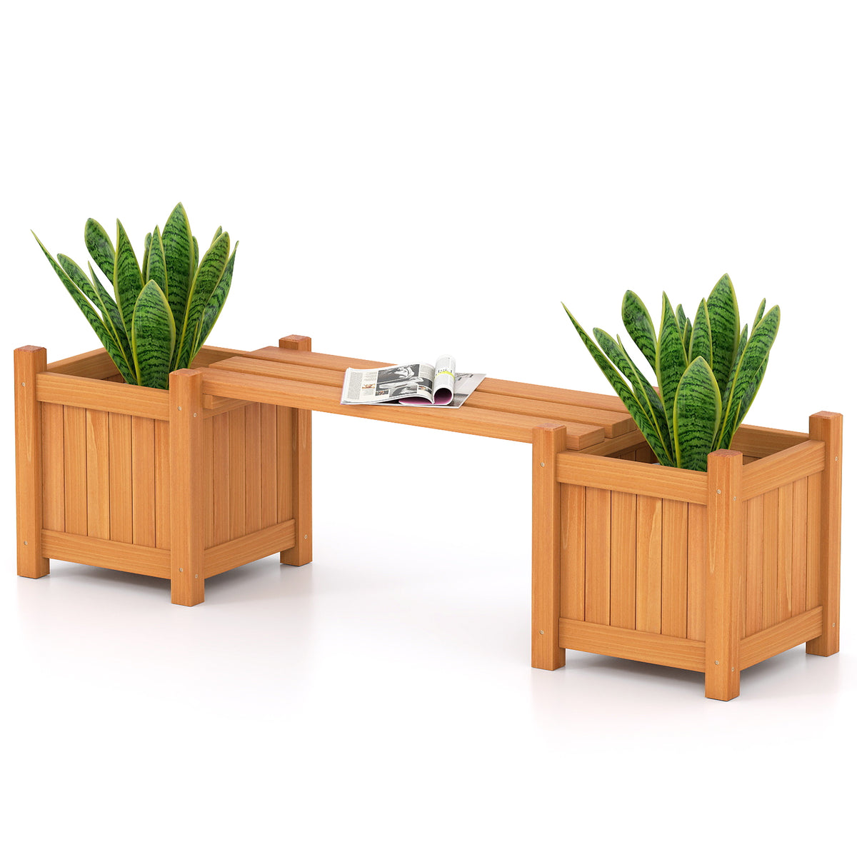 3-in-1 Outdoor Planter Box with Bench and 2 Side Garden Beds