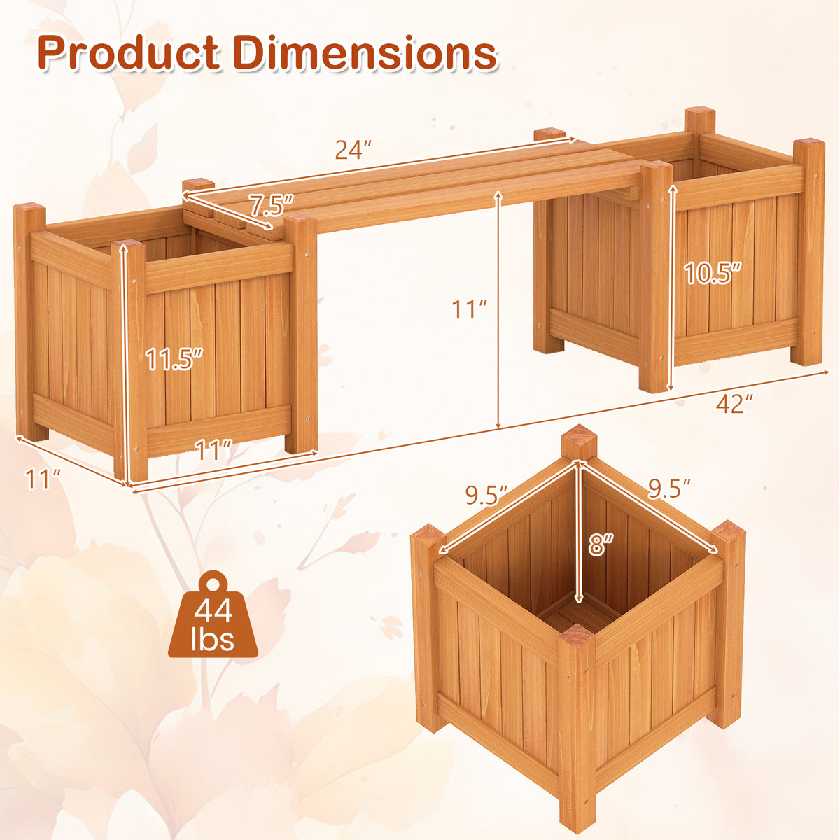 3-in-1 Outdoor Planter Box with Bench and 2 Side Garden Beds