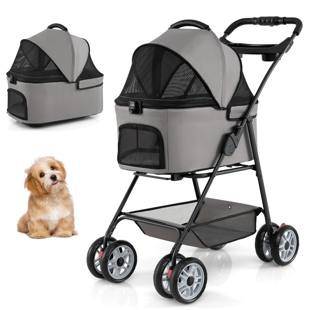 Gray 3-in-1 Pet Stroller with Removable Carrier, Foldable & Lightweight