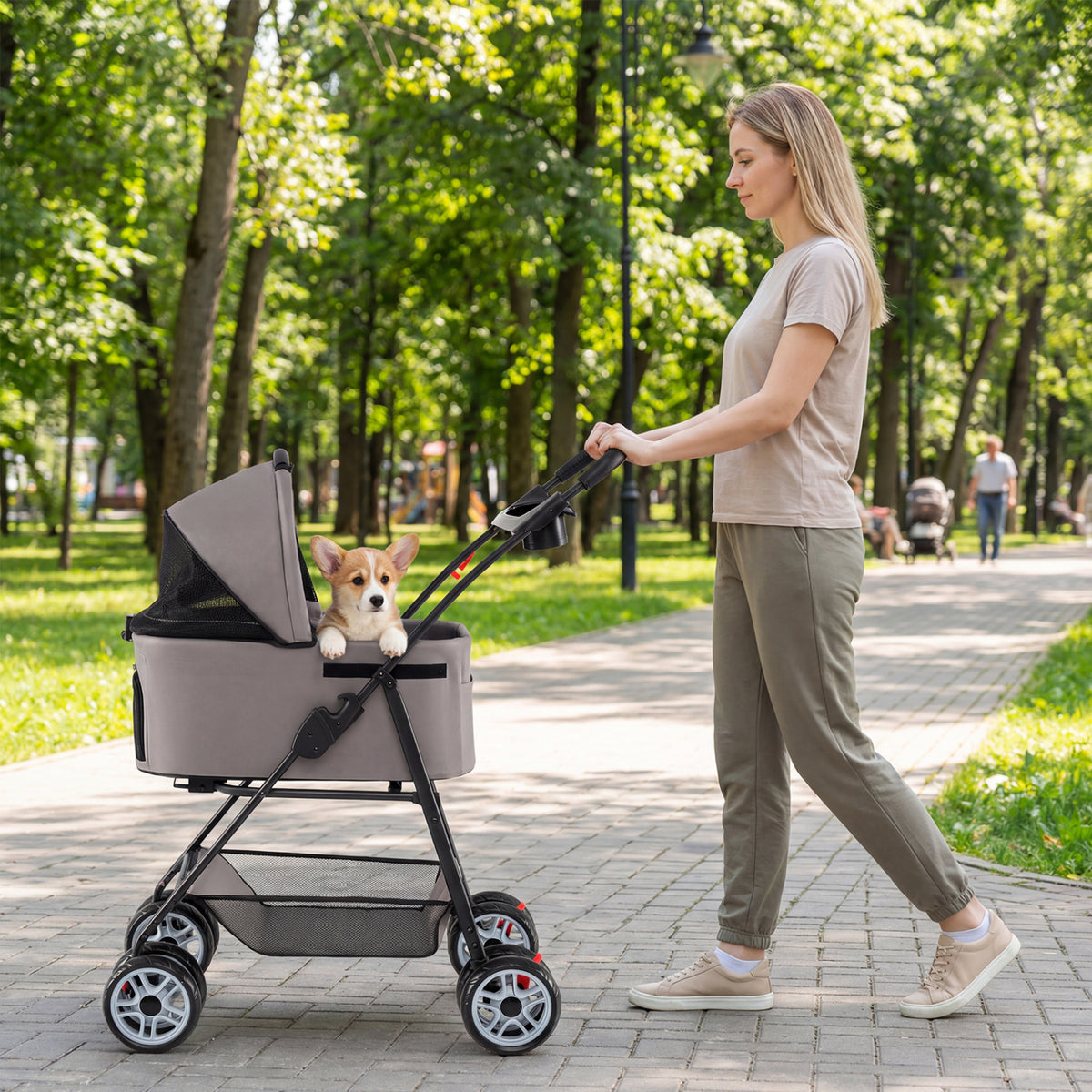 Gray 3-in-1 Pet Stroller with Removable Carrier, Foldable & Lightweight