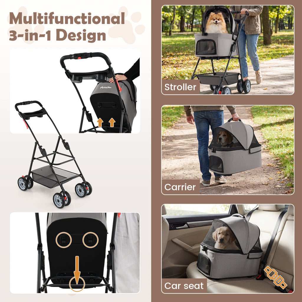 Gray 3-in-1 Pet Stroller with Removable Carrier, Foldable & Lightweight