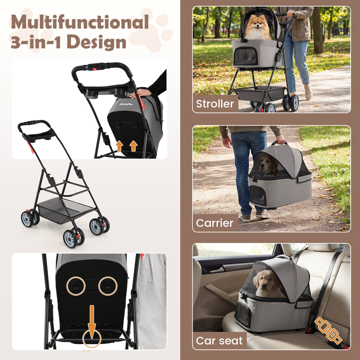 Gray 3-in-1 Pet Stroller with Removable Carrier, Foldable & Lightweight