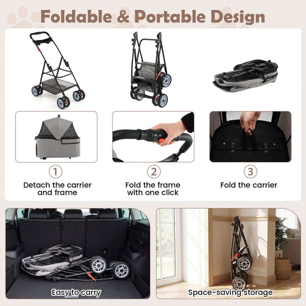 Gray 3-in-1 Pet Stroller with Removable Carrier, Foldable & Lightweight