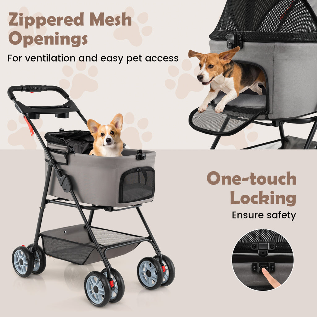 Gray 3-in-1 Pet Stroller with Removable Carrier, Foldable & Lightweight