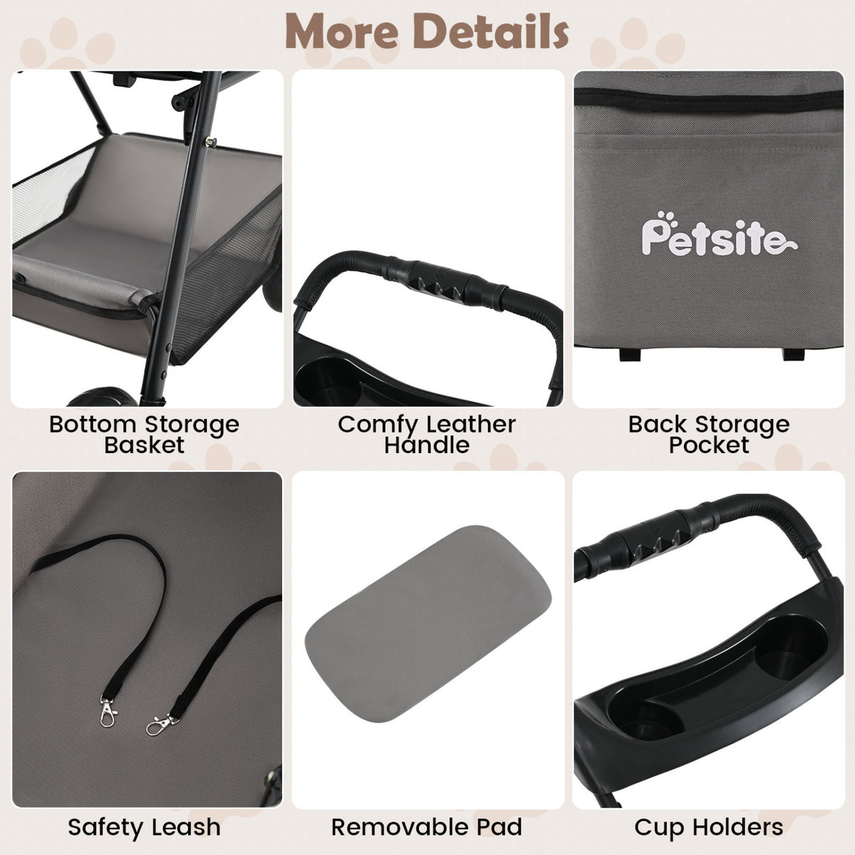 Gray 3-in-1 Pet Stroller with Removable Carrier, Foldable & Lightweight
