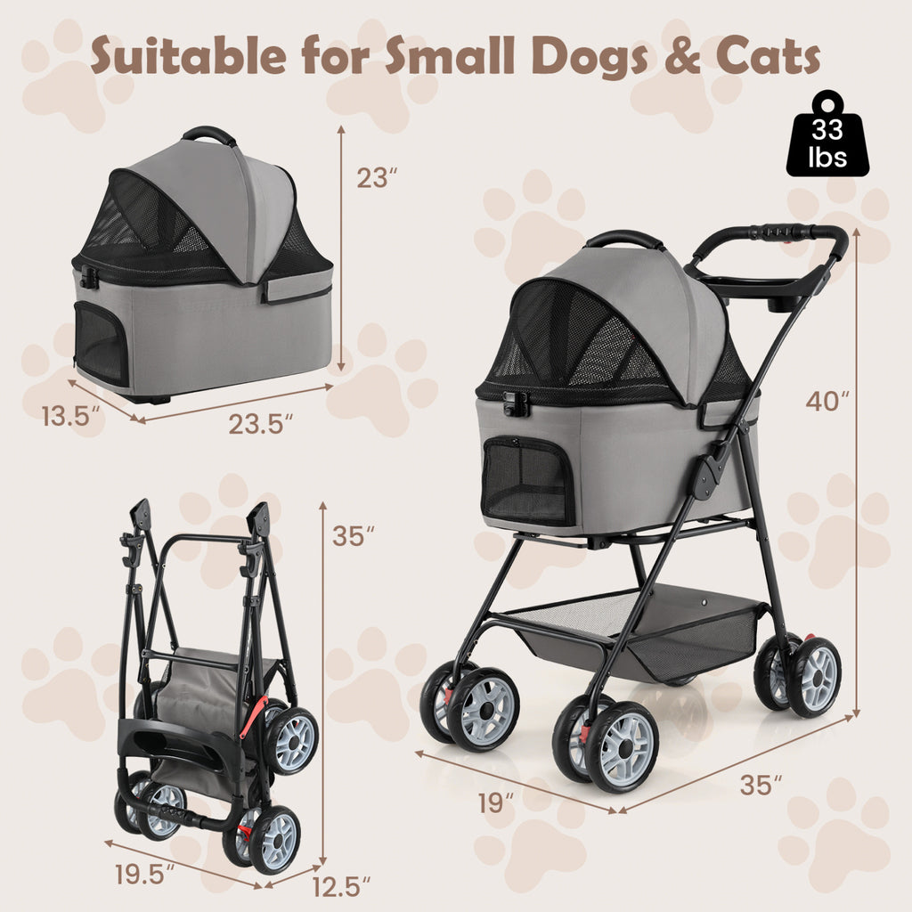 Gray 3-in-1 Pet Stroller with Removable Carrier, Foldable & Lightweight