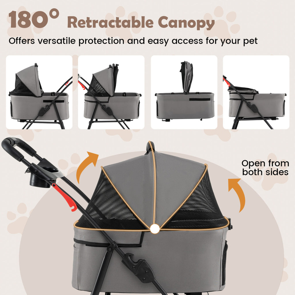 Gray 3-in-1 Pet Stroller with Removable Carrier, Foldable & Lightweight