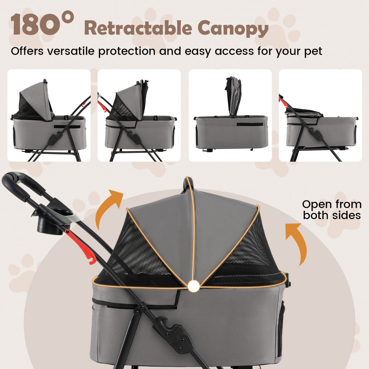 Gray 3-in-1 Pet Stroller with Removable Carrier, Foldable & Lightweight