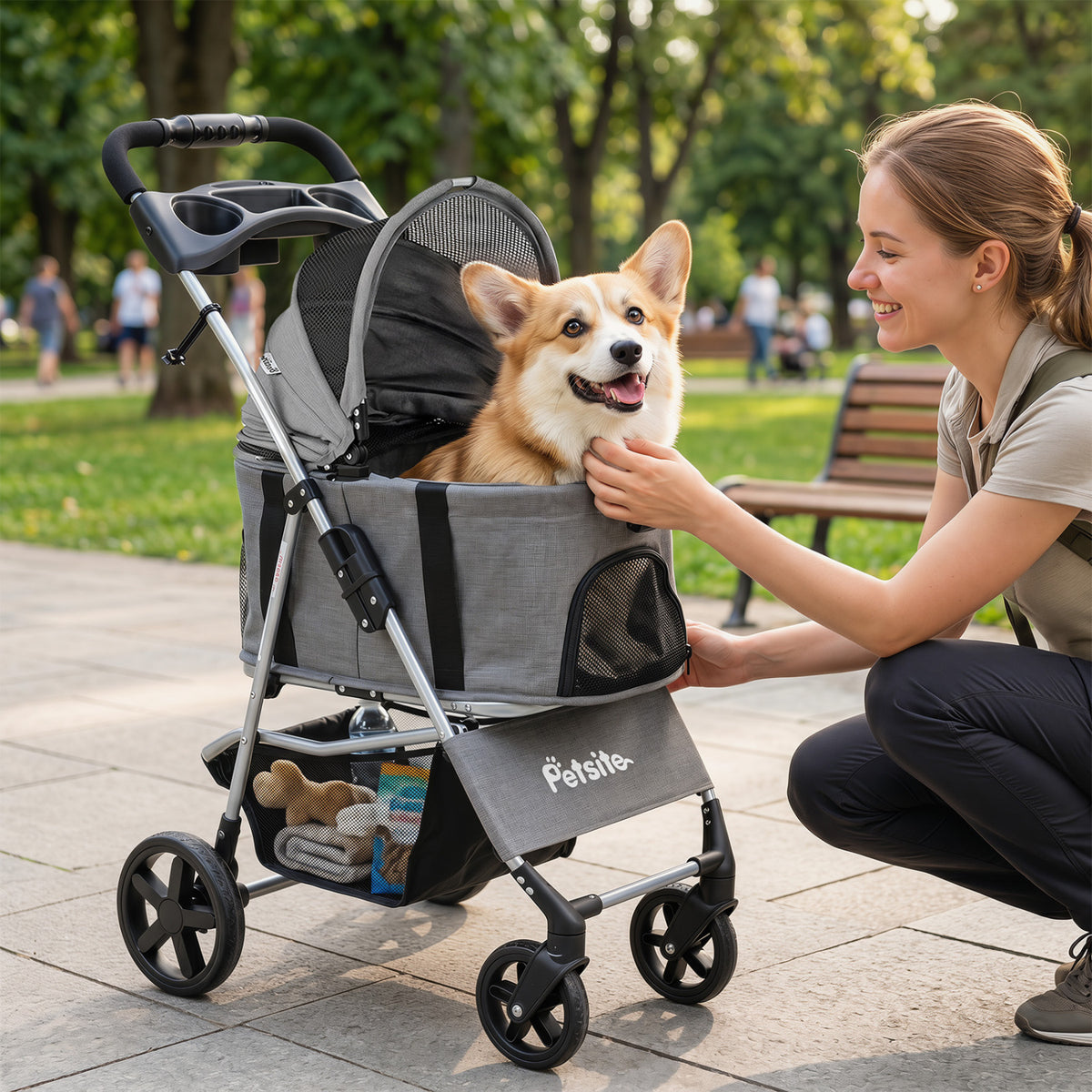 Gray 3-in-1 Foldable Pet Stroller with Detachable Carrier for Small Medium Dogs