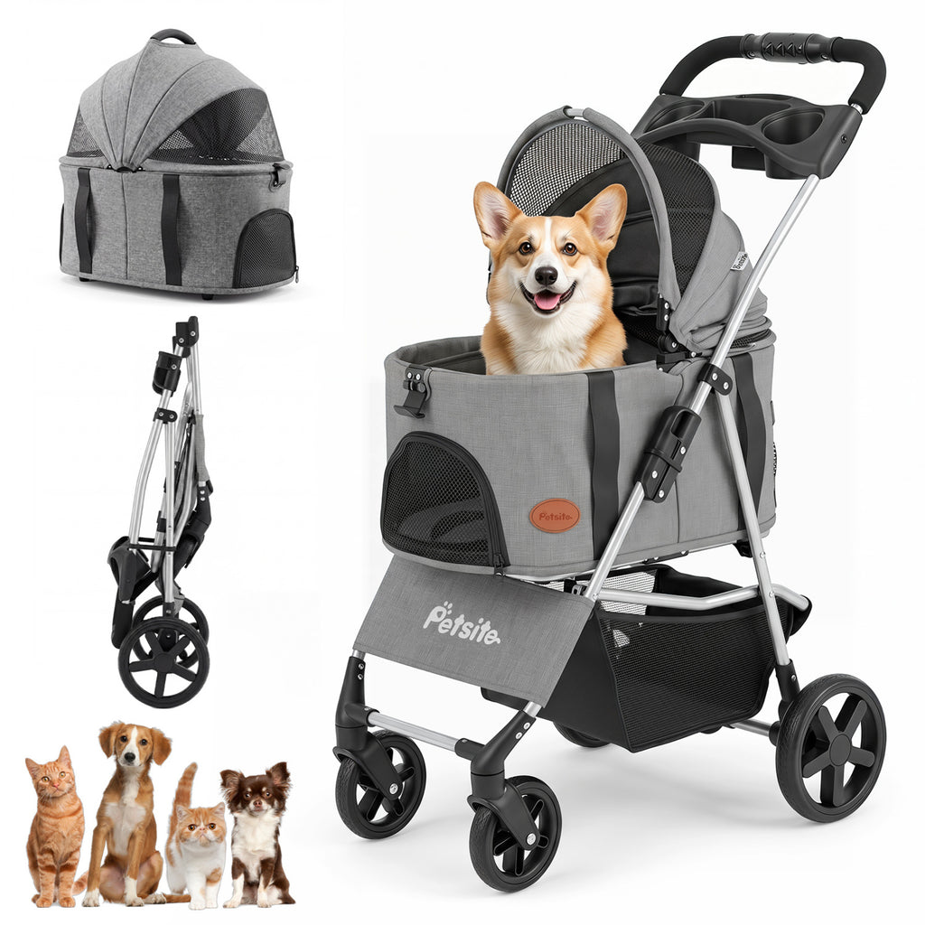 Gray 3-in-1 Foldable Pet Stroller with Detachable Carrier for Small Medium Dogs