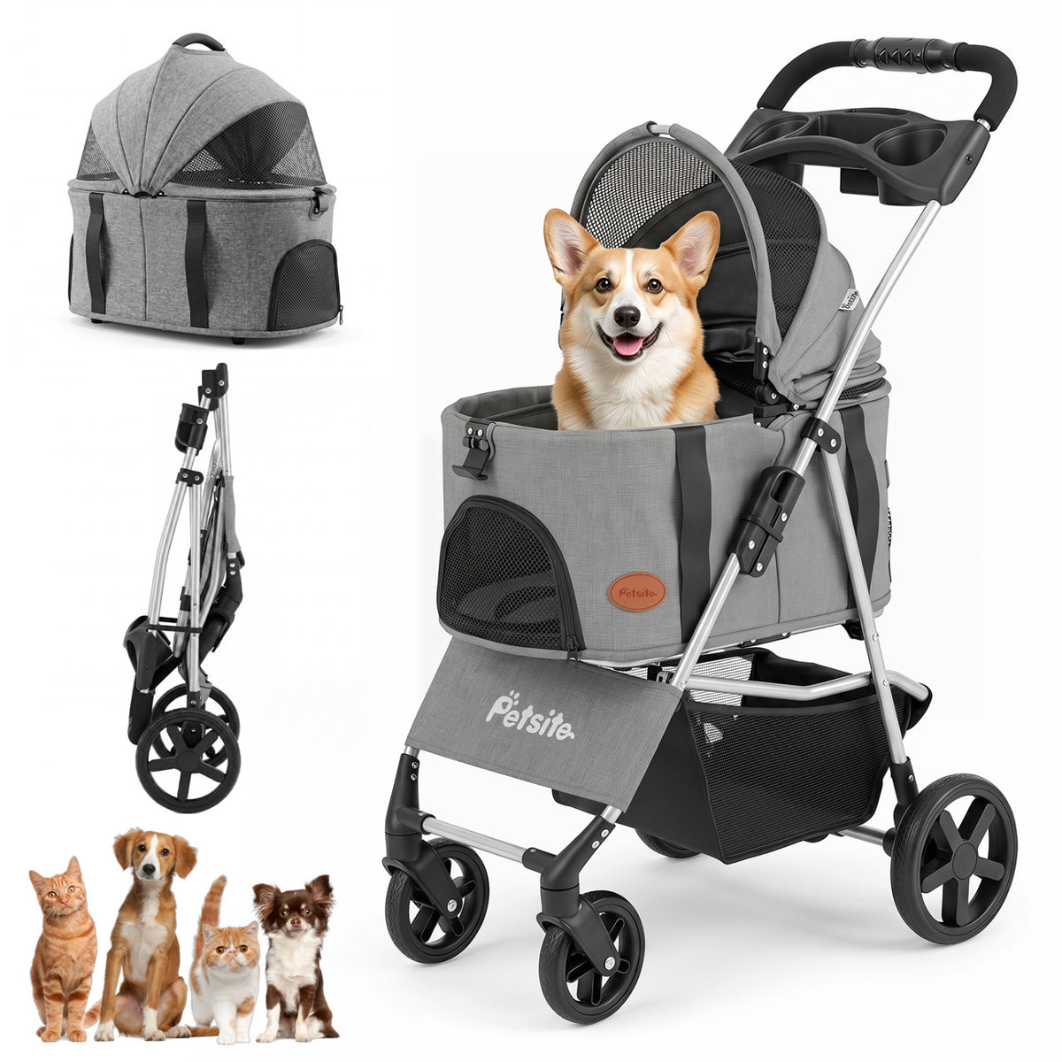 Gray 3-in-1 Foldable Pet Stroller with Detachable Carrier for Small Medium Dogs