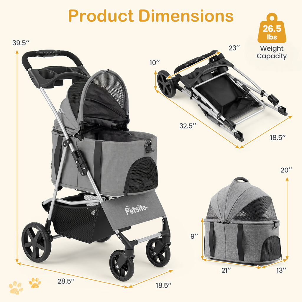 Gray 3-in-1 Foldable Pet Stroller with Detachable Carrier for Small Medium Dogs
