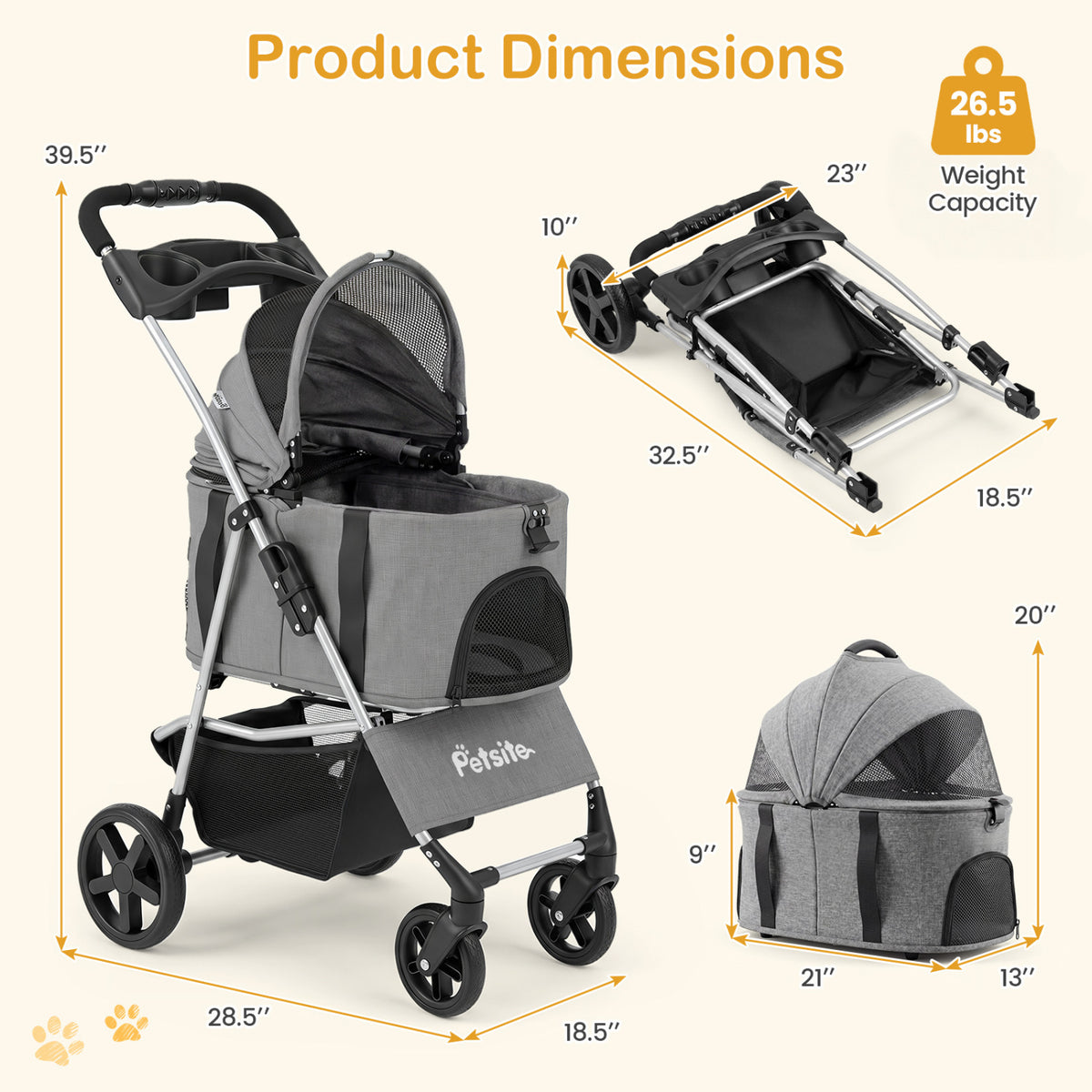 Gray 3-in-1 Foldable Pet Stroller with Detachable Carrier for Small Medium Dogs