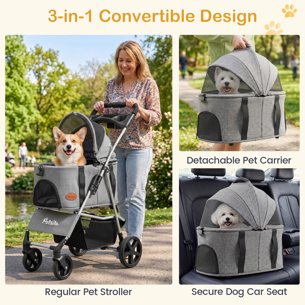 Gray 3-in-1 Foldable Pet Stroller with Detachable Carrier for Small Medium Dogs