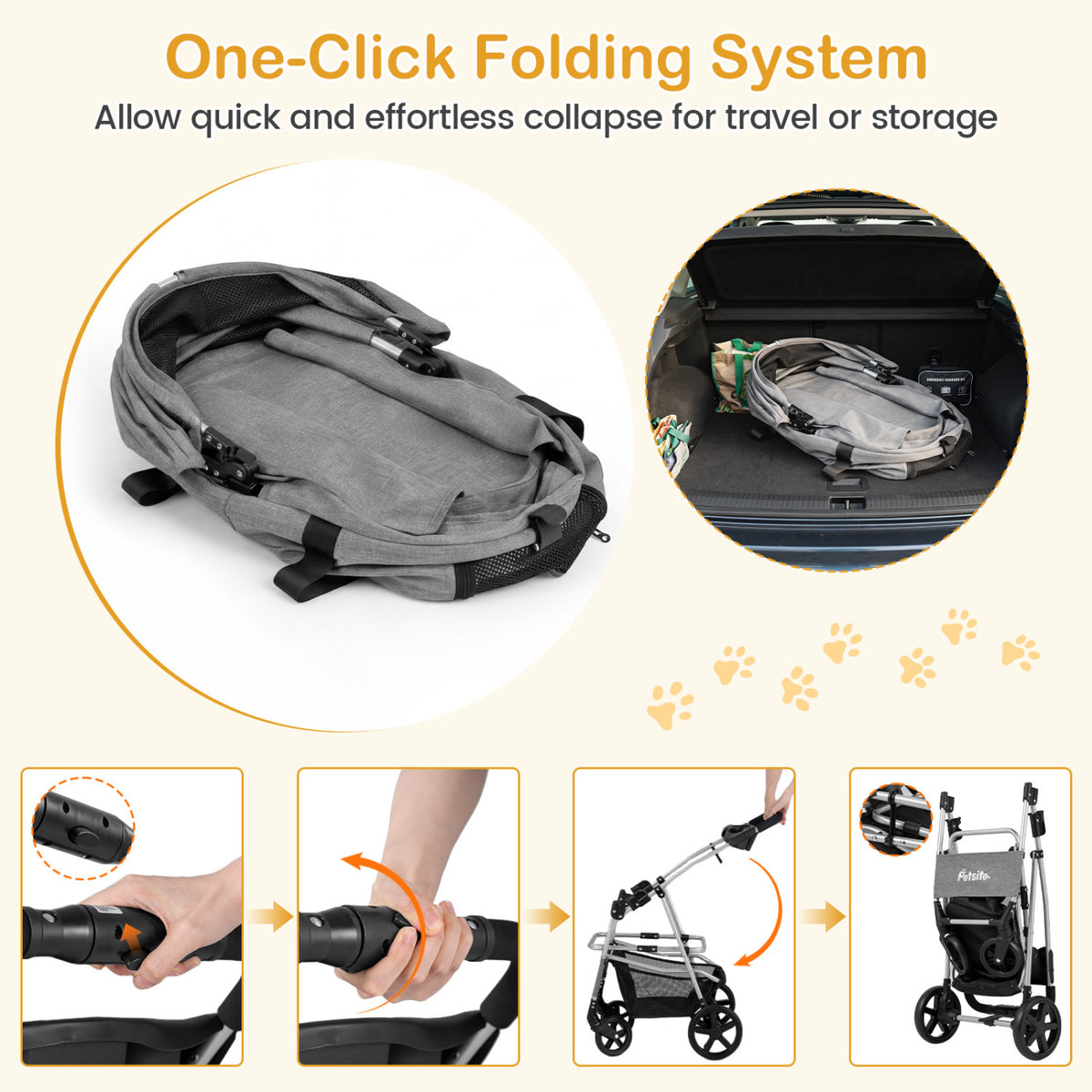 Gray 3-in-1 Foldable Pet Stroller with Detachable Carrier for Small Medium Dogs