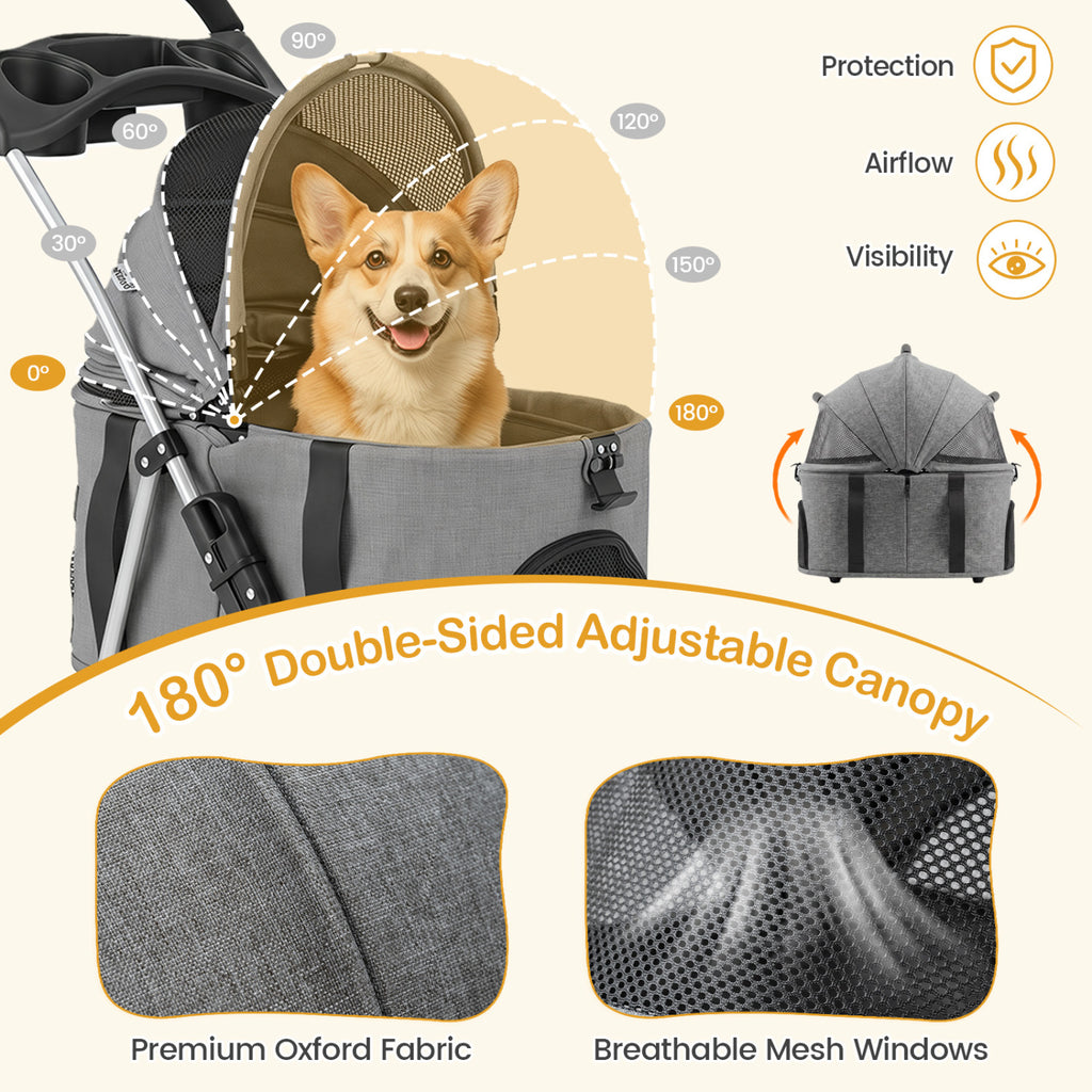 Gray 3-in-1 Foldable Pet Stroller with Detachable Carrier for Small Medium Dogs