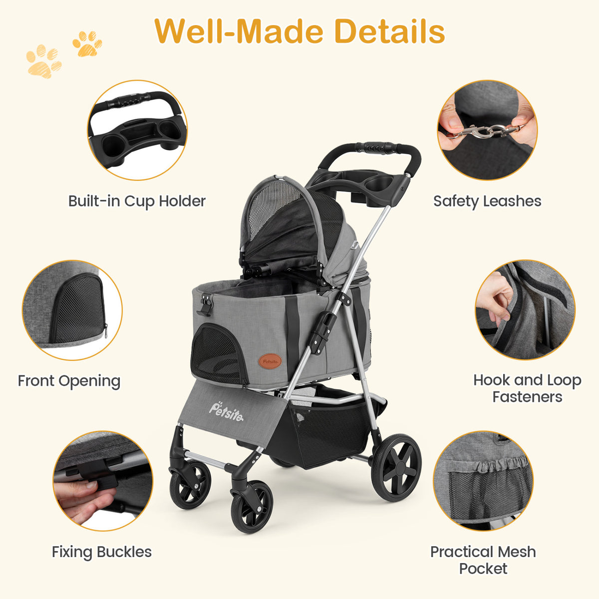 Gray 3-in-1 Foldable Pet Stroller with Detachable Carrier for Small Medium Dogs