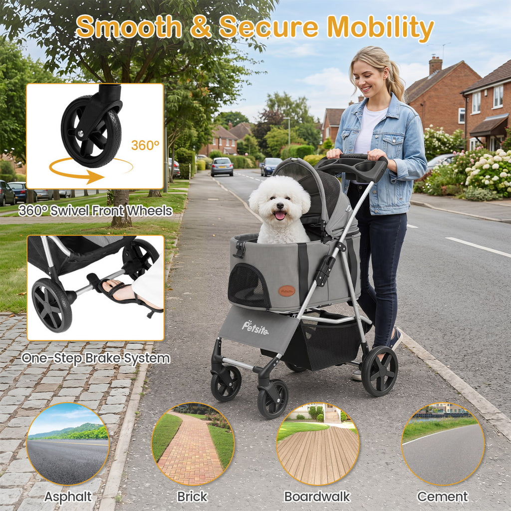 Gray 3-in-1 Foldable Pet Stroller with Detachable Carrier for Small Medium Dogs