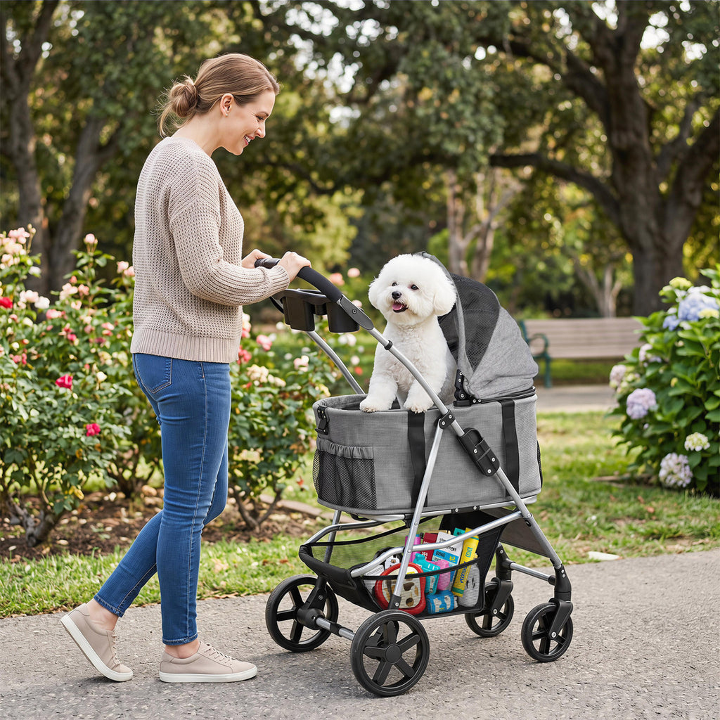 Gray 3-in-1 Foldable Pet Stroller with Detachable Carrier for Small Medium Dogs