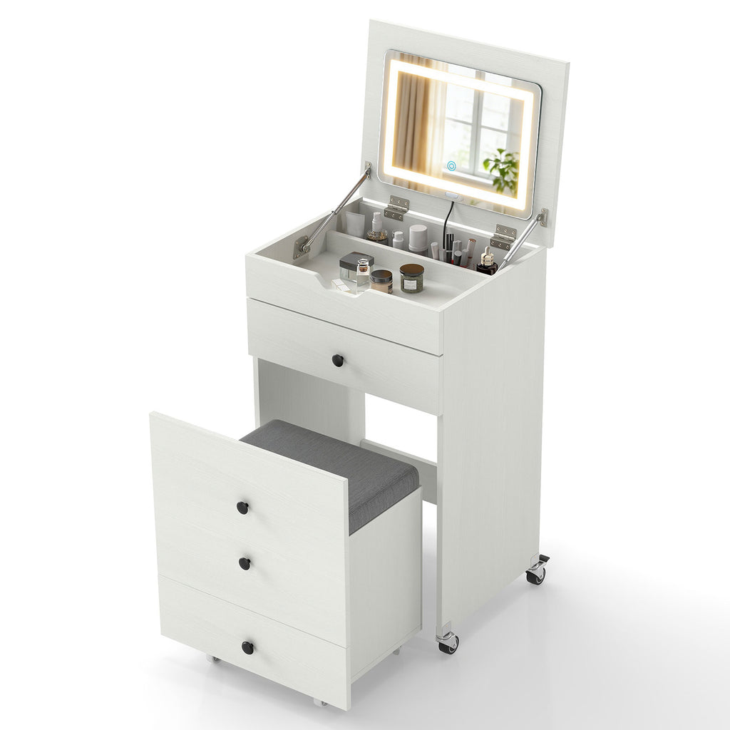 3-in-1 Vanity Desk with Lighted Mirror and Cushioned Stool, White