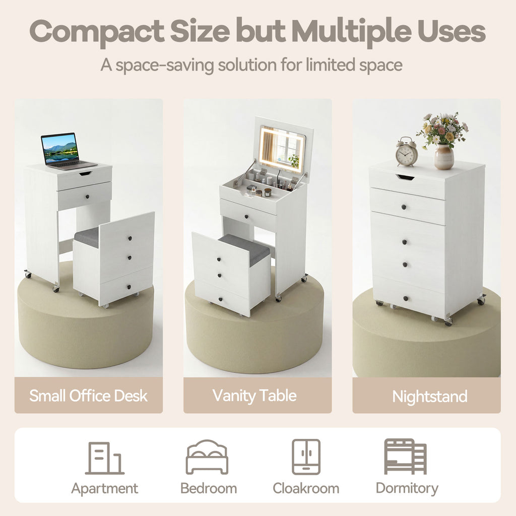 3-in-1 Vanity Desk with Lighted Mirror and Cushioned Stool, White