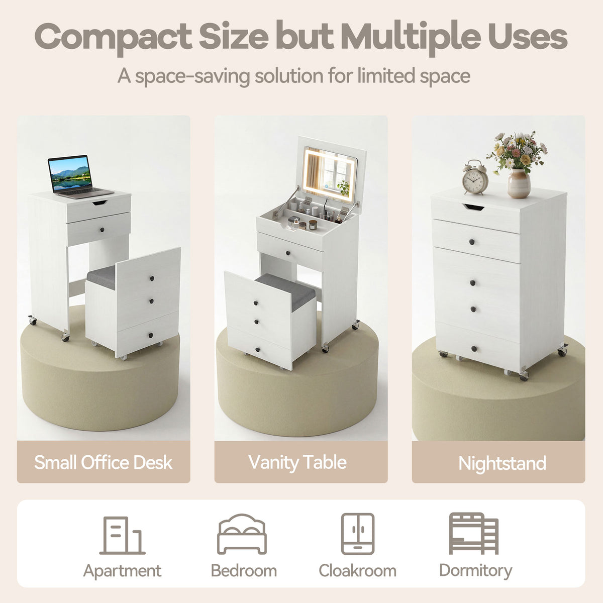 3-in-1 Vanity Desk with Lighted Mirror and Cushioned Stool, White