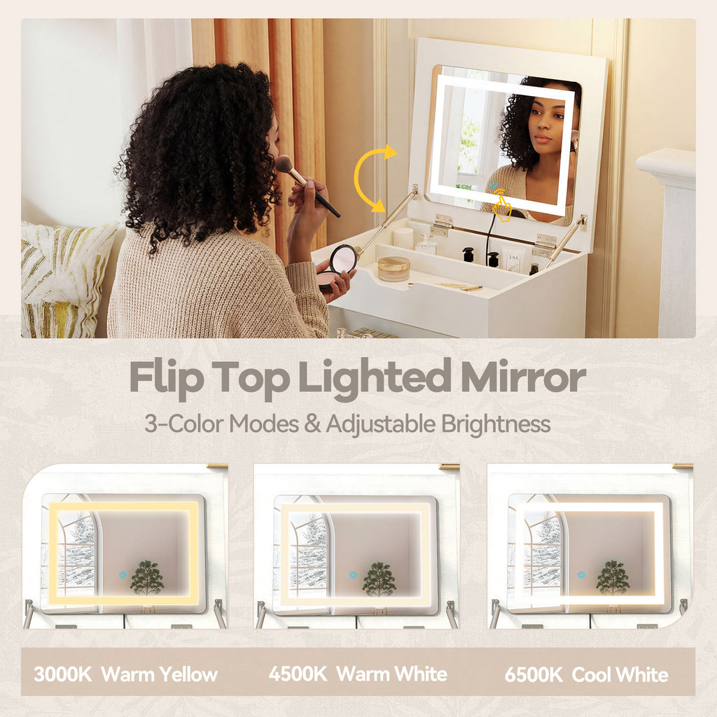 3-in-1 Vanity Desk with Lighted Mirror and Cushioned Stool, White