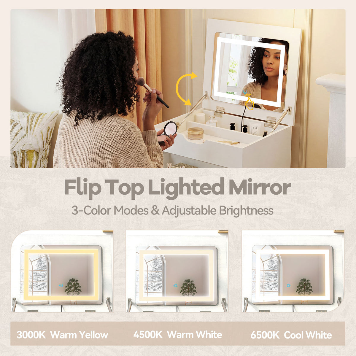 3-in-1 Vanity Desk with Lighted Mirror and Cushioned Stool, White