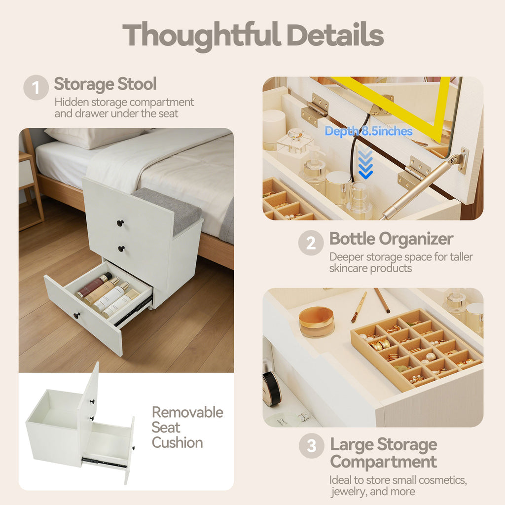 3-in-1 Vanity Desk with Lighted Mirror and Cushioned Stool, White