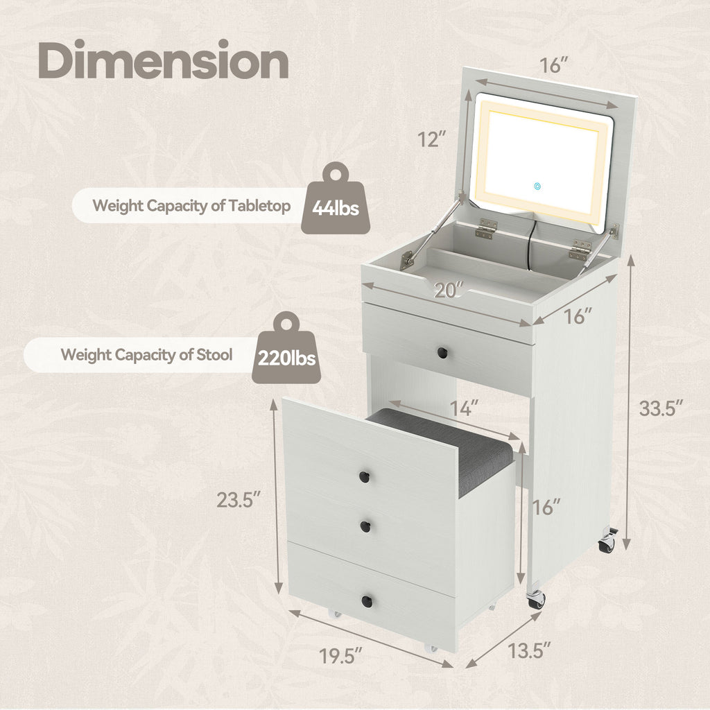 3-in-1 Vanity Desk with Lighted Mirror and Cushioned Stool, White