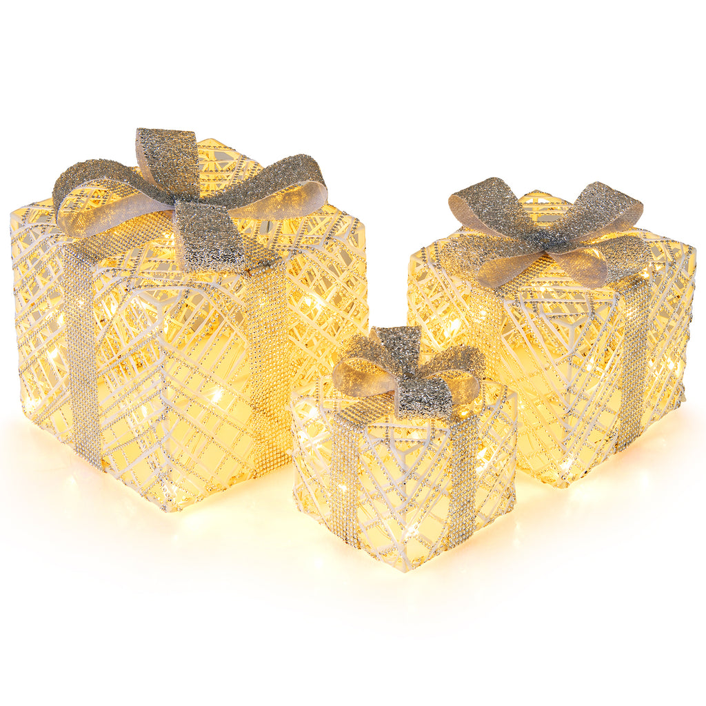 Set of 3 Christmas Lighted Gift Boxes with 50 LED Lights and Detachable Bows