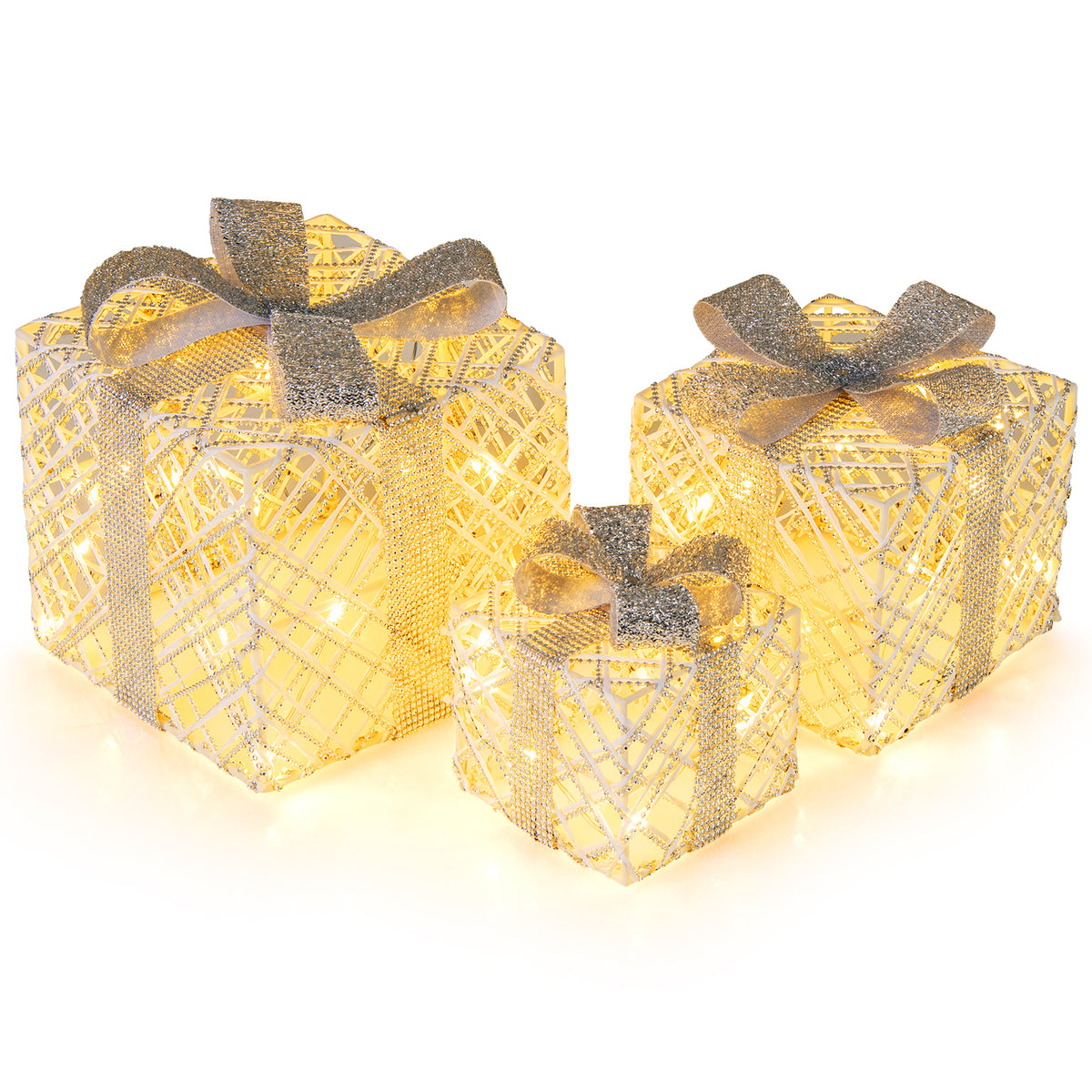 Set of 3 Christmas Lighted Gift Boxes with 50 LED Lights and Detachable Bows