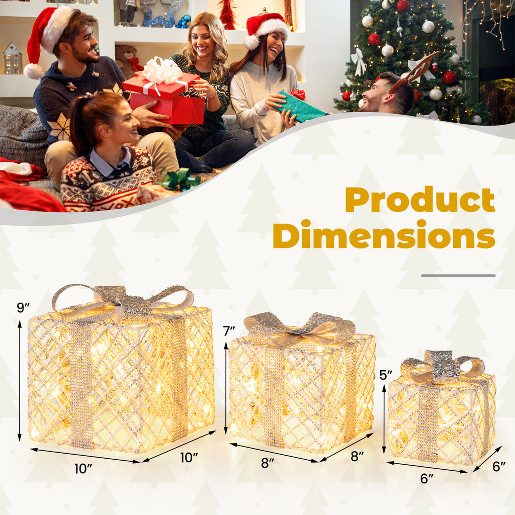 Set of 3 Christmas Lighted Gift Boxes with 50 LED Lights and Detachable Bows