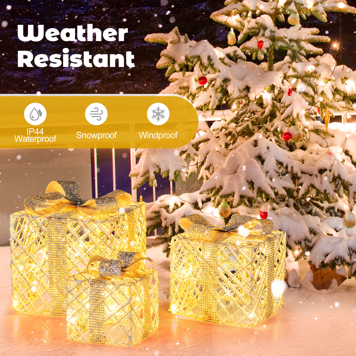 Set of 3 Christmas Lighted Gift Boxes with 50 LED Lights and Detachable Bows