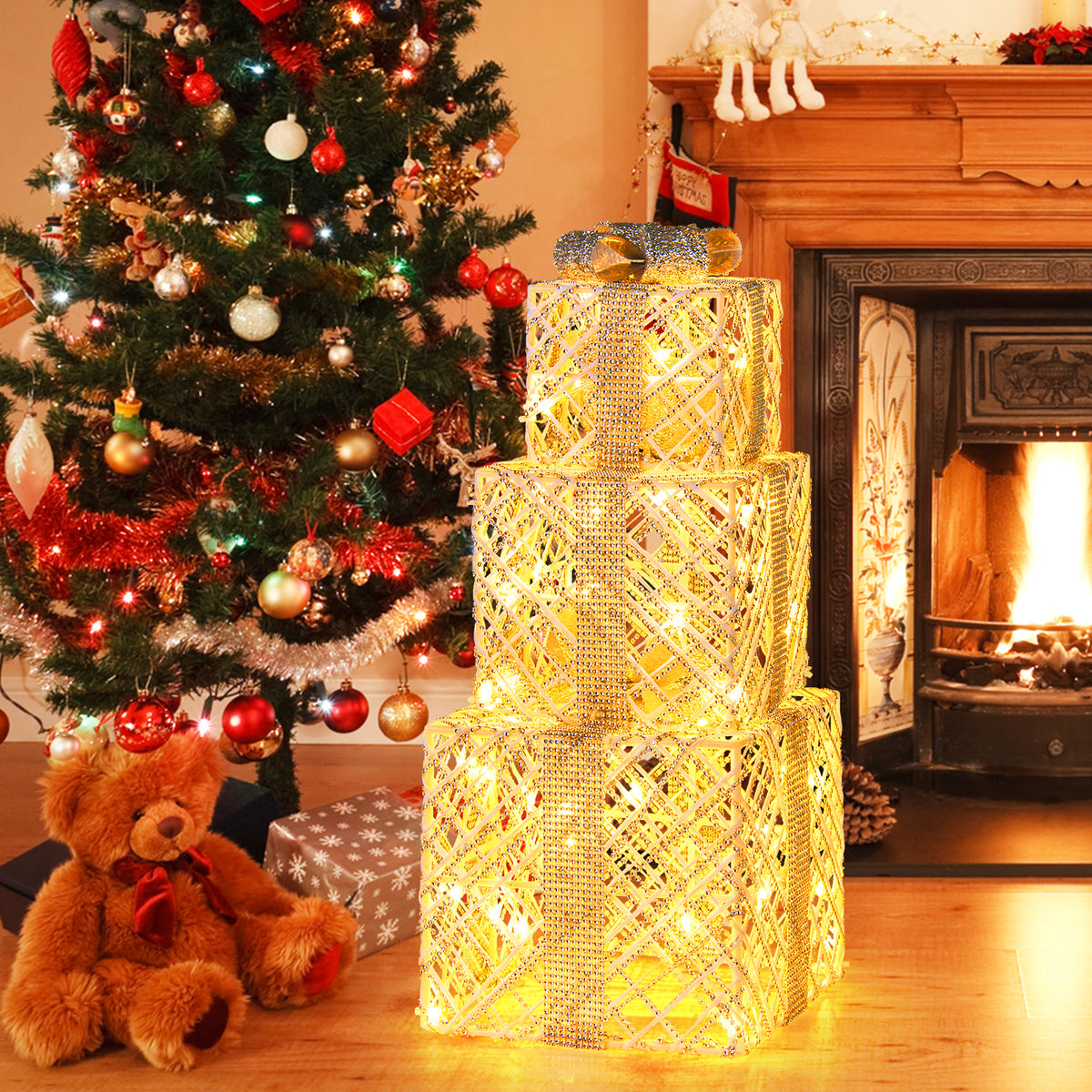 Set of 3 Christmas Lighted Gift Boxes with 50 LED Lights and Detachable Bows