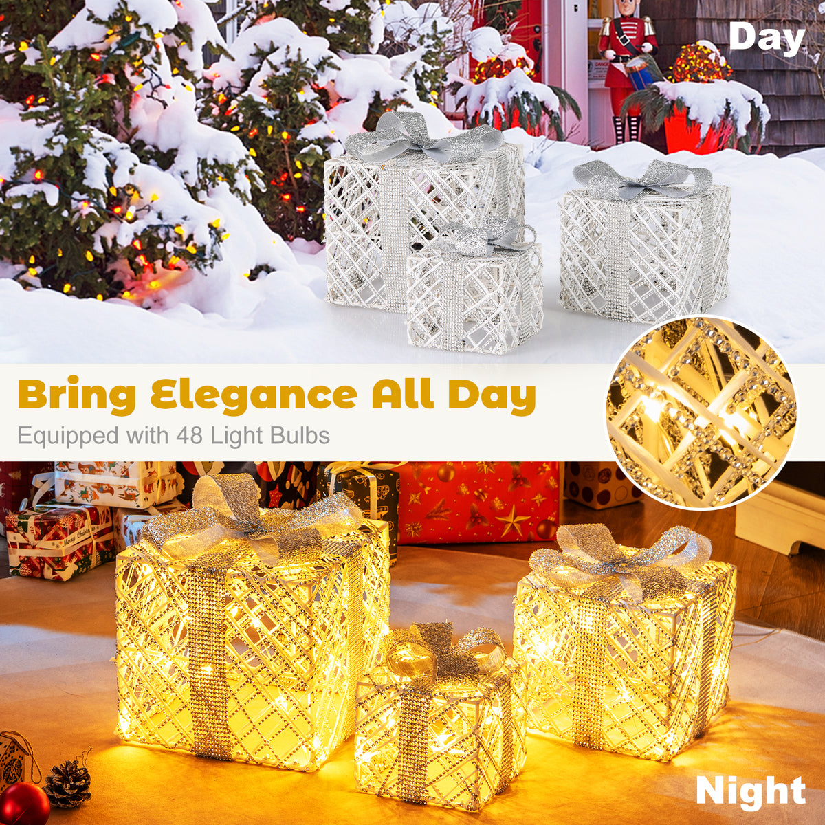 Set of 3 Christmas Lighted Gift Boxes with 50 LED Lights and Detachable Bows
